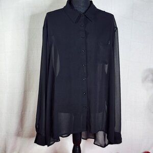 Bongo Sheer Black Poly Long Sleeve Button Up Cut Out Design Back Hi Lo Top Sz 3X